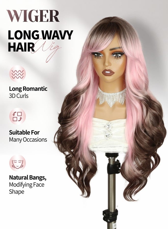 WIGER Long Wavy Hair With Bangs, Pink Romantic Curly Hair With Brown Roots and Ends, Layered Synthetic Curly Hair Brown Ombre Pink Wig for Women Music Festival/Carnival/Valentine's Day wig - Image 5